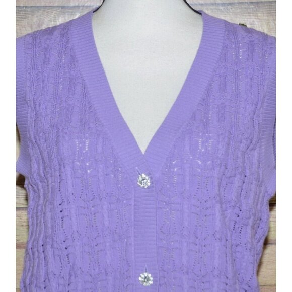 Time After Time Purple Sleeves Crochet Vest Crystal Button Front Size L Granny - Picture 3 of 11